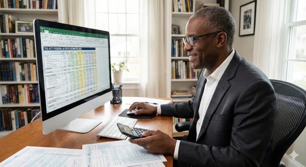 Professional African man analyzing financial data on computer